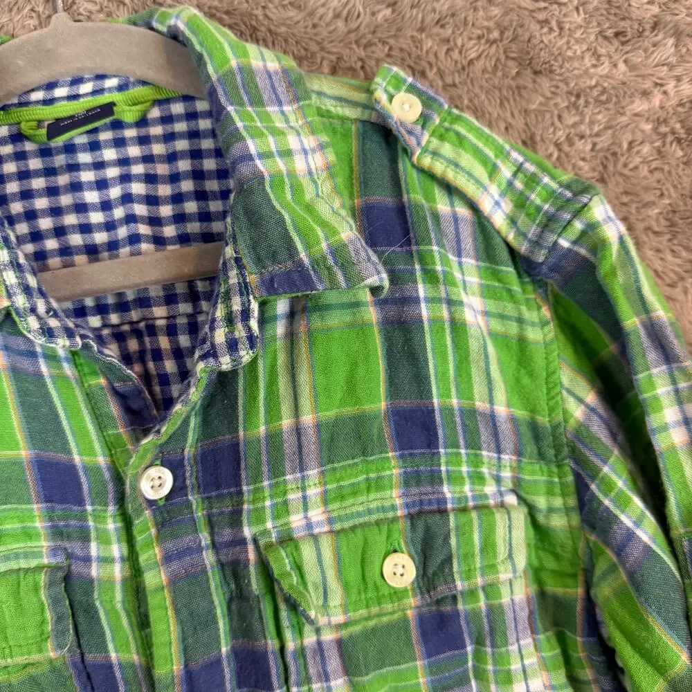Gap Kids Double Weave Green Plaid button Down Shirt L 10 Boys Convertible